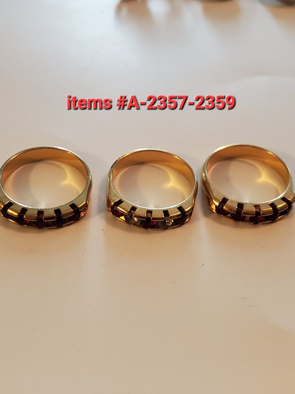 3 Gold Filled Plated Rings, sizes 7.5--7.75, items A-2357-2359. wt. 8 grams.